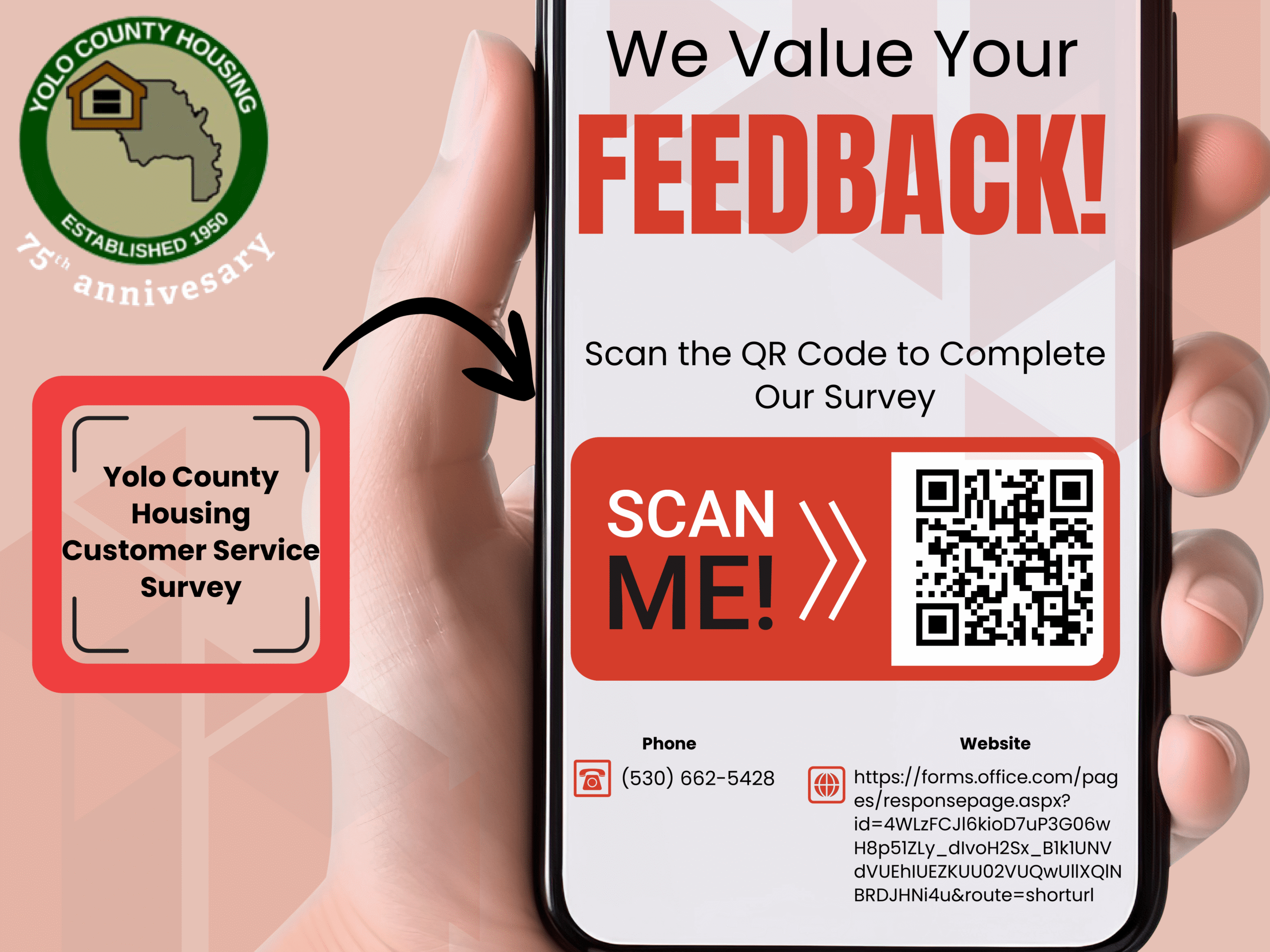Yolo County Housing Customer Service Survey - English - scan QR code or click to complete