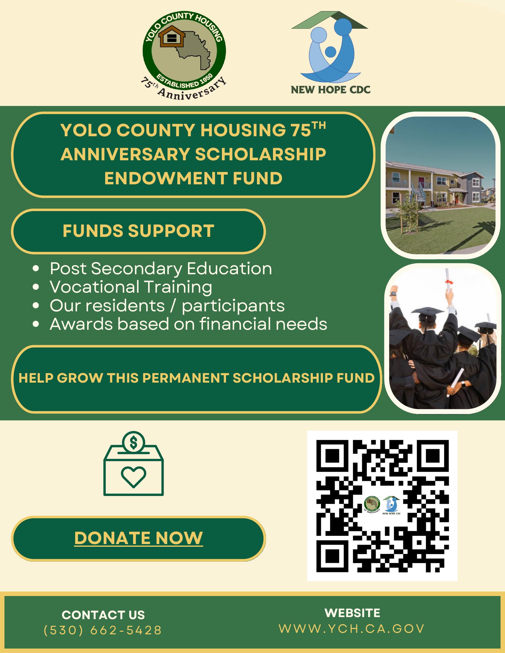 Yolo County Housing 75th Anniversary Scholarship Endowment Fund donation flyer - click to donate